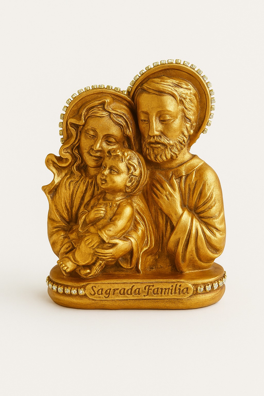 Santos Gesso Sagrada Familia Gesso Branco Dourado Unico - Santos de Gesso