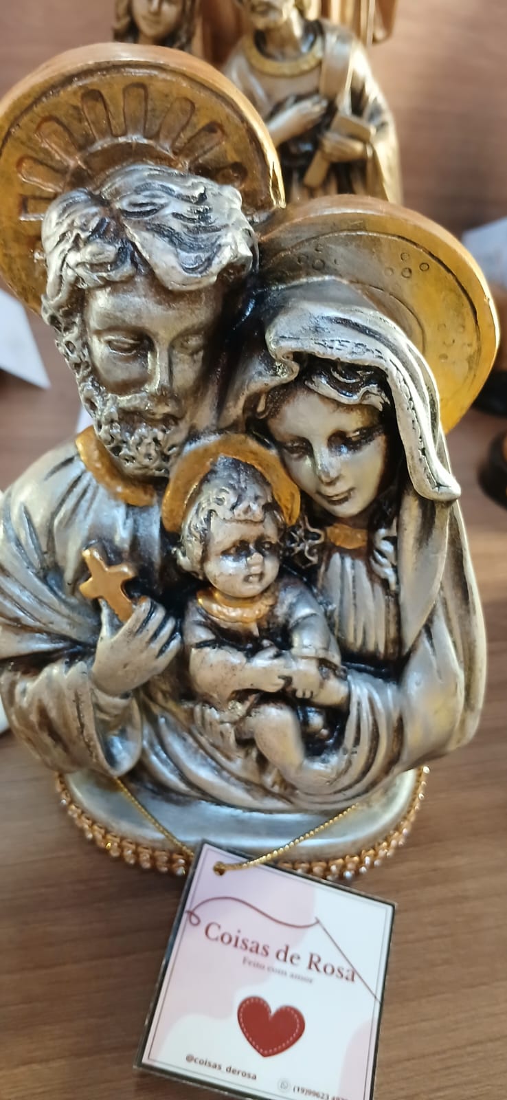 Santos Gesso Sagrada Familia Gesso Branco Dourado Unico - Santos de Gesso