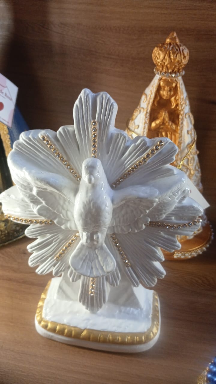 Santos Gesso Sagrada Familia Gesso Branco Dourado Unico - Santos de Gesso